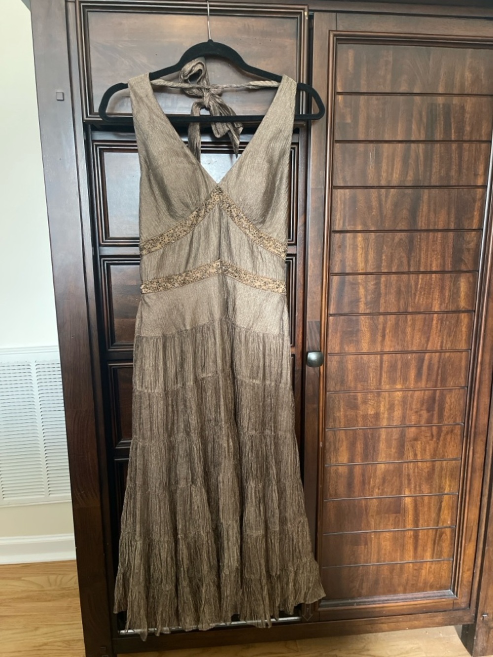 Boho Beaded Halter Maxi Dress Bronze Brown Flowing Resort Dress Size 6